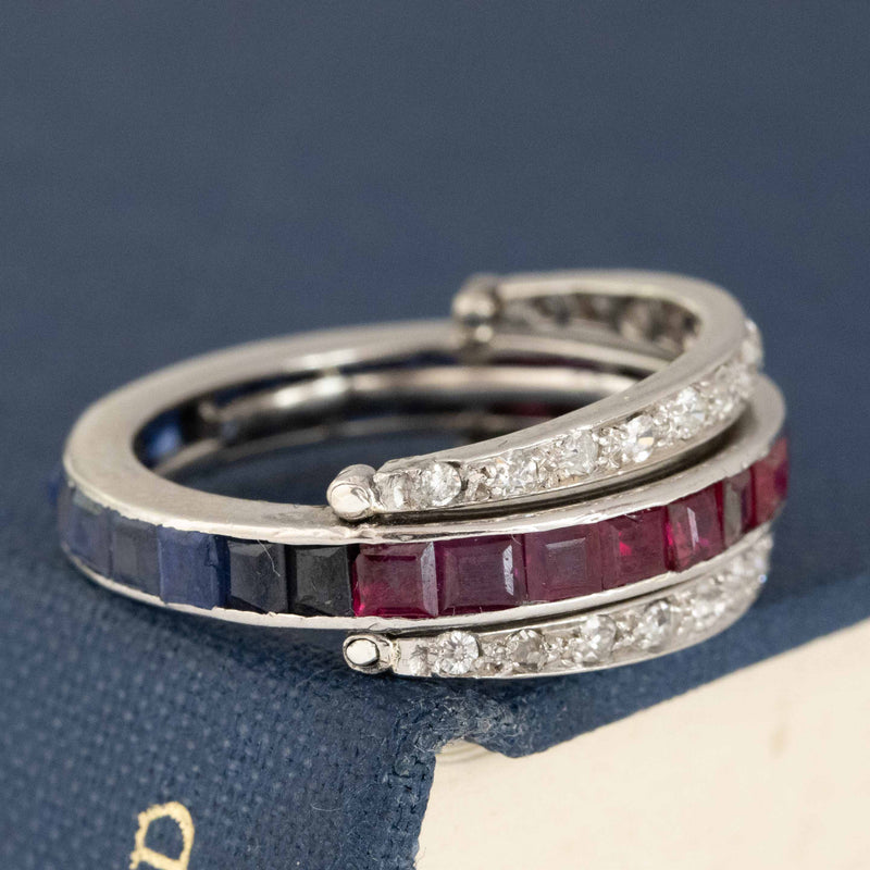3.29ctw Art Deco Diamond, Ruby & Sapphire Flip Ring