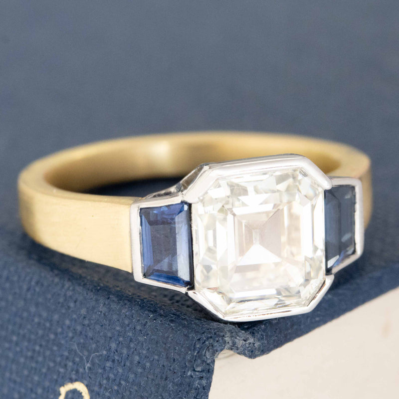 2.66ct Asscher Cut Diamond & Sapphire Trilogy Ring, GIA M SI2