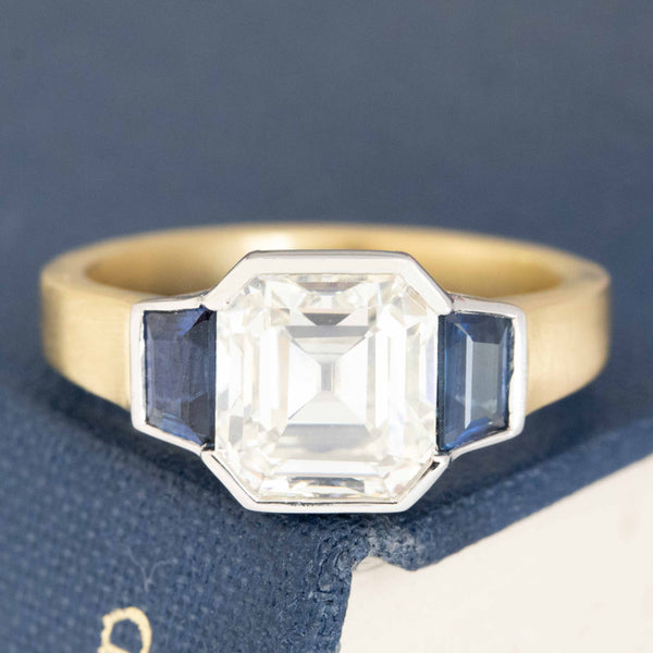 2.66ct Asscher Cut Diamond & Sapphire Trilogy Ring, GIA M SI2