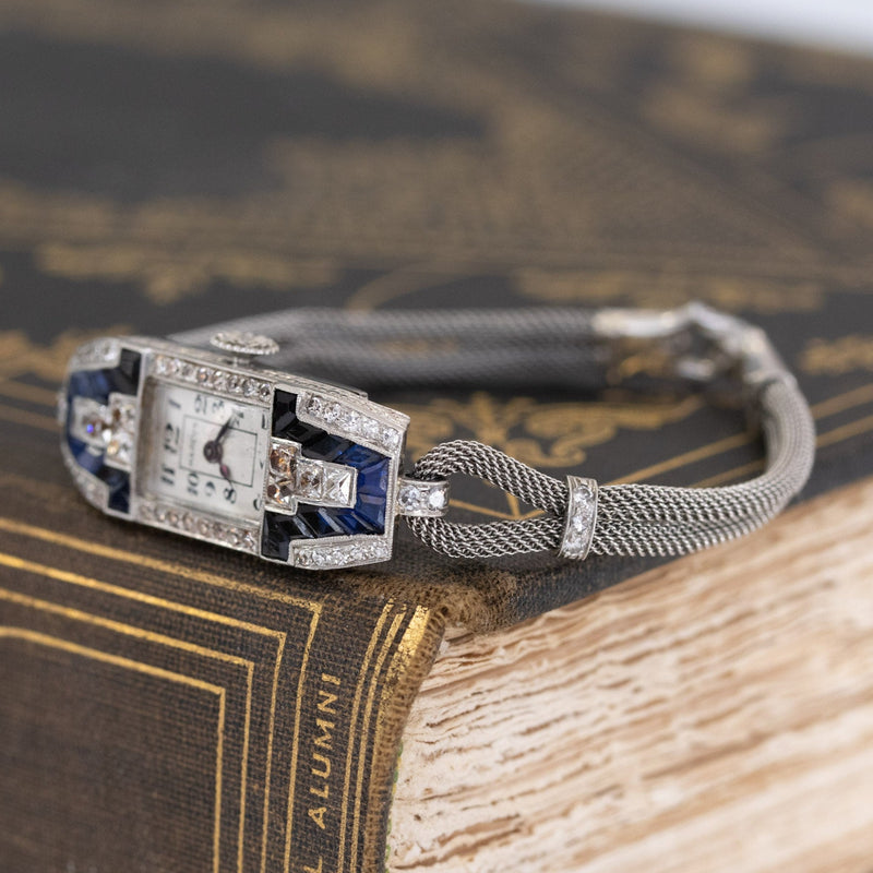 Art Deco Lady's Diamond and Sapphire Dress Watch, Platinum