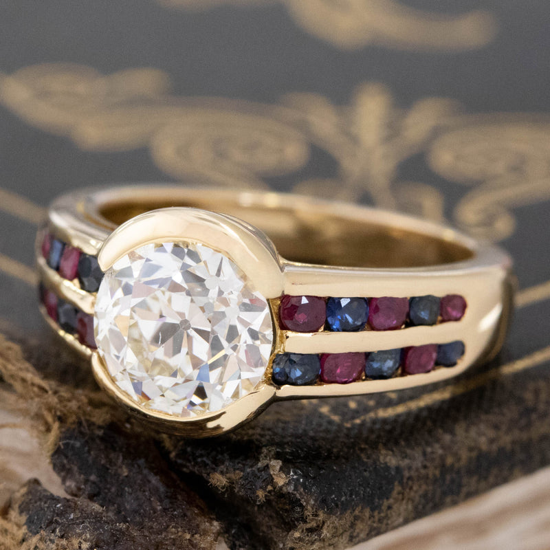 1.54ct Old European Cut Diamond Sapphire & Ruby Ring, French, GIA M SI1