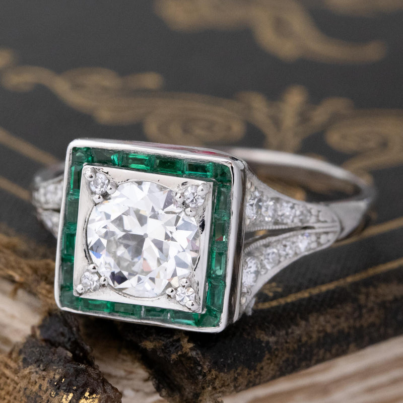 1.79ctw Art Deco Inspired Old European Cut Diamond & Emerald Halo Ring