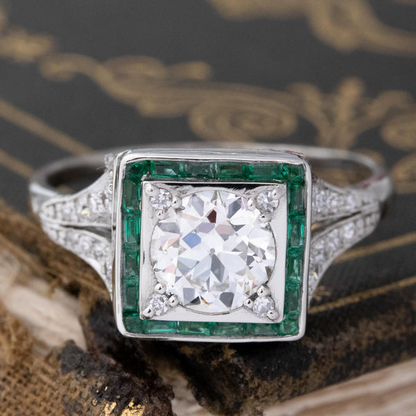 1.79ctw Art Deco Inspired Old European Cut Diamond & Emerald Halo Ring