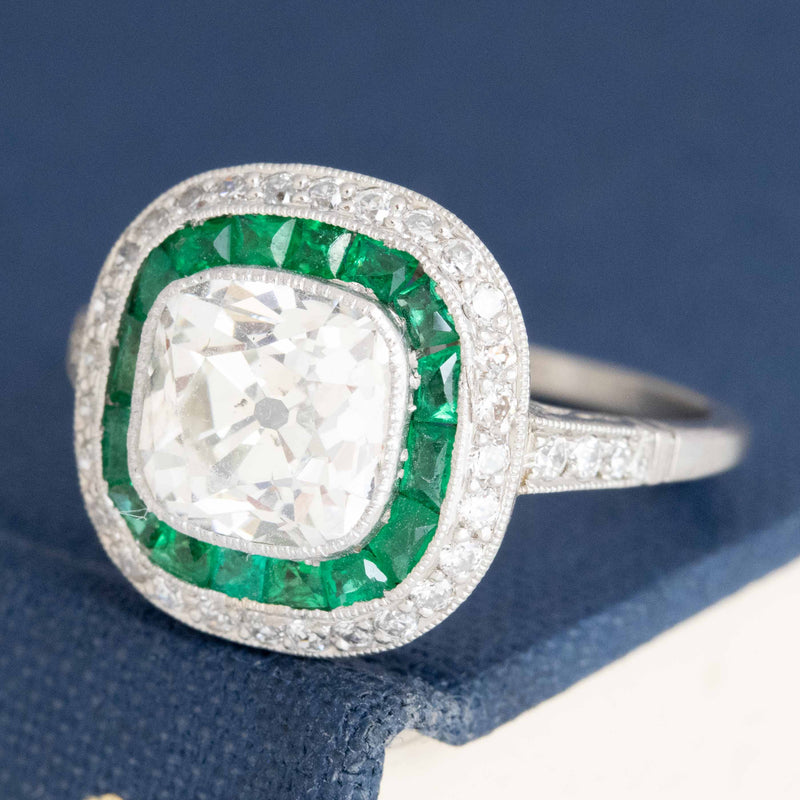 1.90ct Old Mine Cut Diamond Emerald Target Ring, GIA K SI1