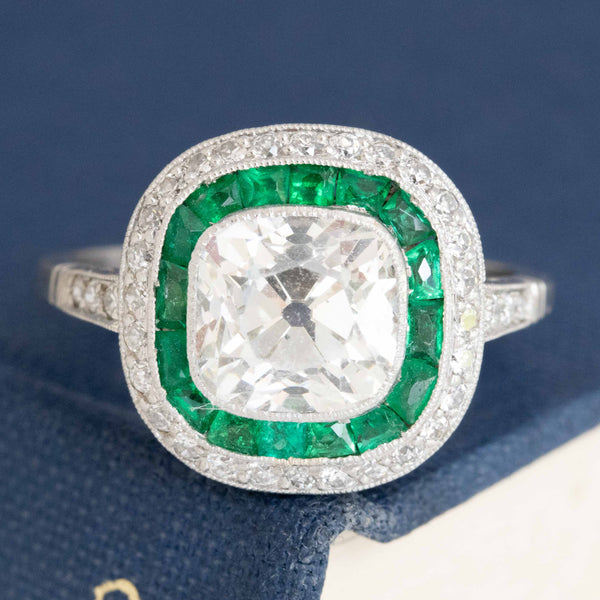 1.90ct Old Mine Cut Diamond Emerald Target Ring, GIA K SI1