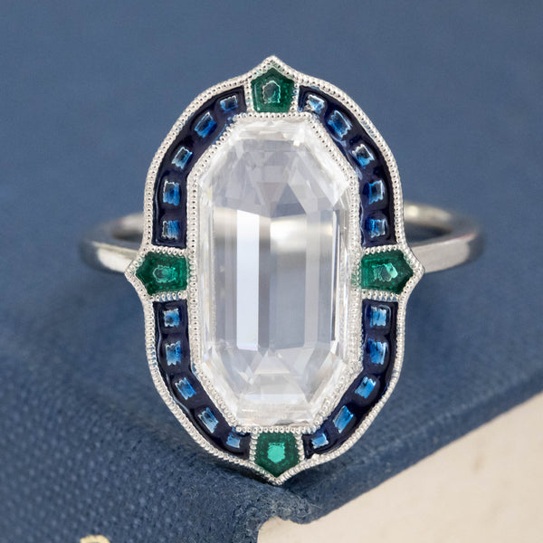 2.03ct Emerald Portrait Cut Diamond & Enamel Target Ring, GIA D SI1