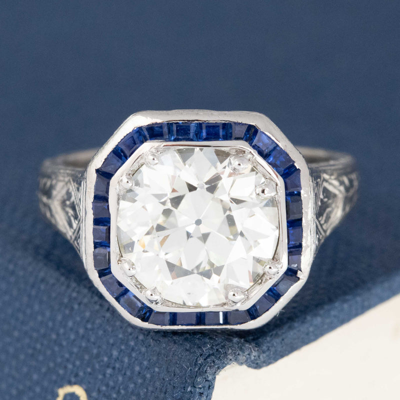 2.51ct Old European Cut Diamond Sapphire Target Ring, GIA M VS2