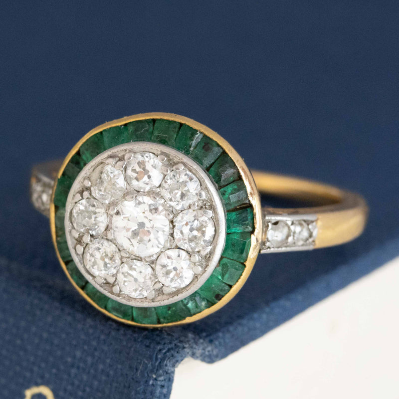 1.04ctw Antique Diamond & Emerald Cluster Ring, French
