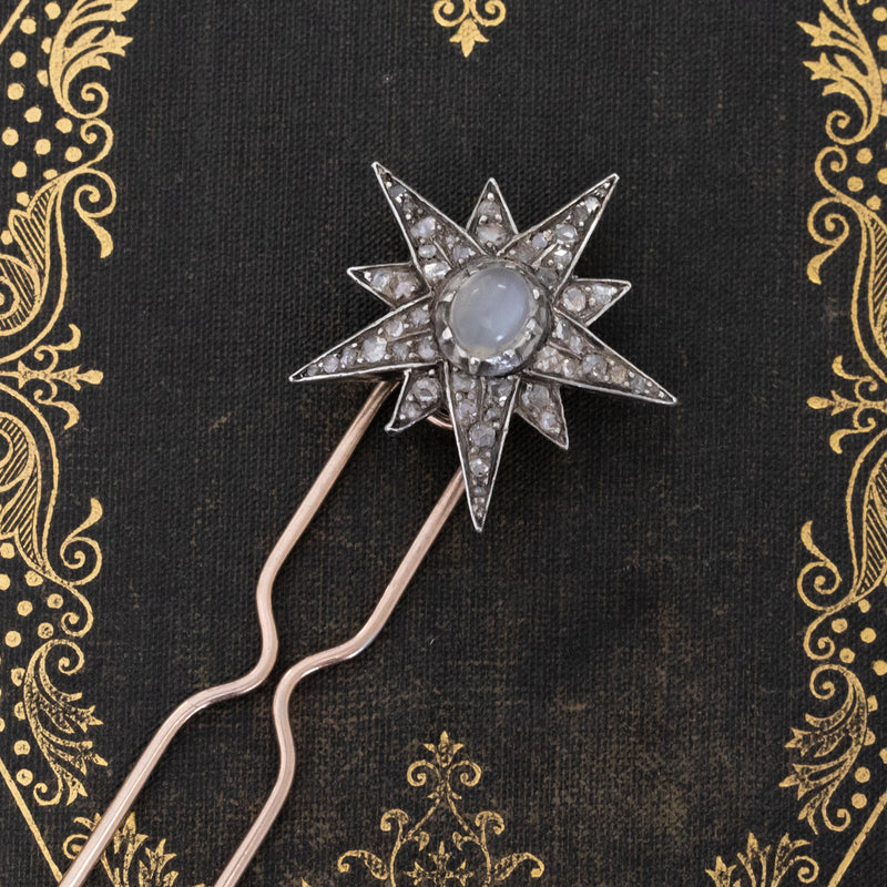 1.40ctw Antique Diamond & Moonstone Starburst Hairpin