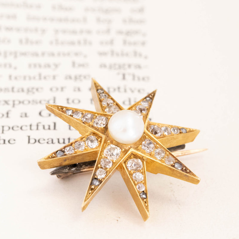 1.37ctw Antique Diamond & Pearl Starburst Brooch