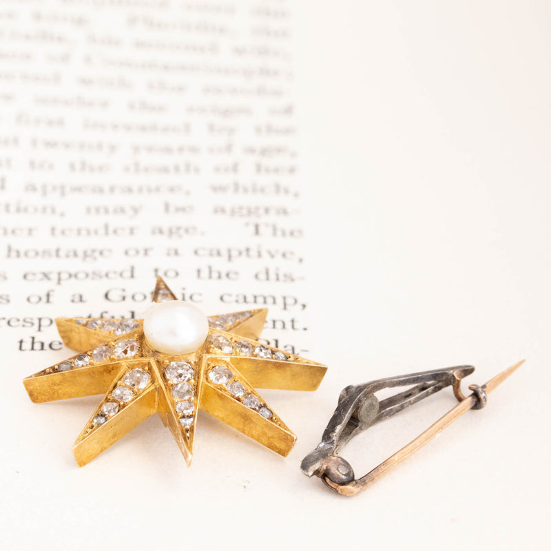 1.37ctw Antique Diamond & Pearl Starburst Brooch