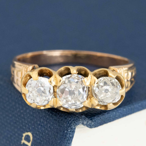 1.55ctw Antique Old Mine Cut Diamond Trilogy Ring