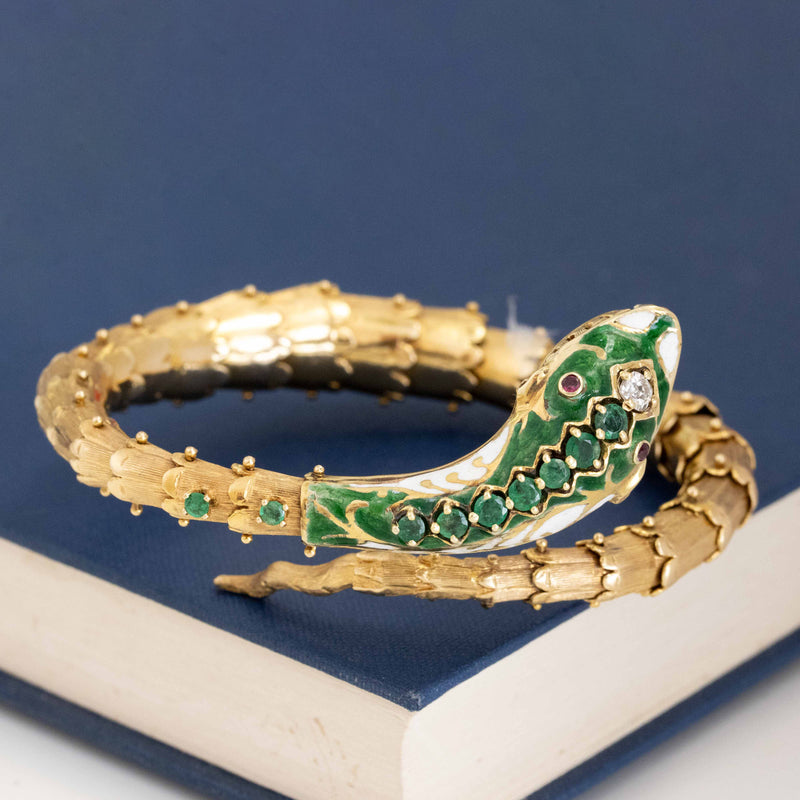 1.43ctw Diamond, Emerald & Enamel Serpent Bangle