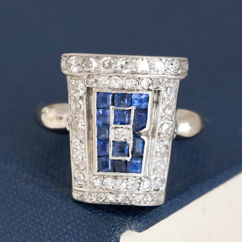 1.13ctw Art Deco "B" Letter Diamond & Sapphire Cluster Ring