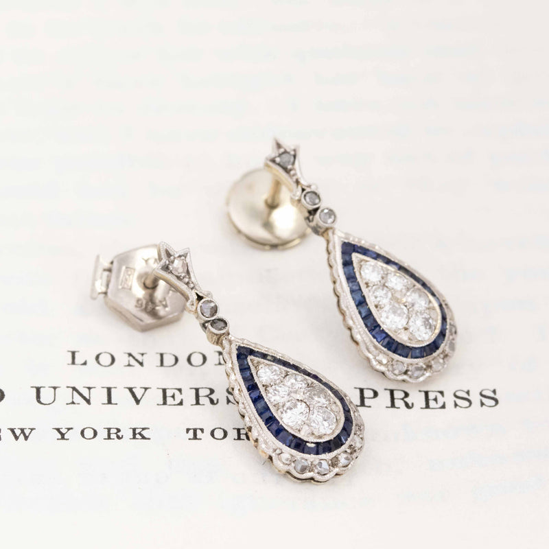 1.30ctw Vintage Diamond & Sapphire Cluster Pear Drop Earrings
