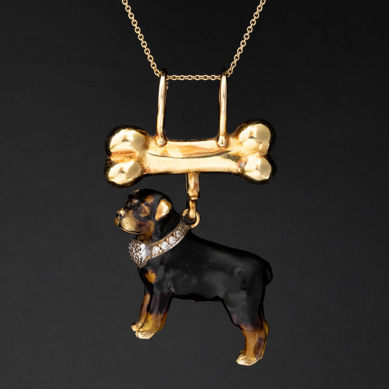 Diamond Rottweiler Dog & Bone Pendant