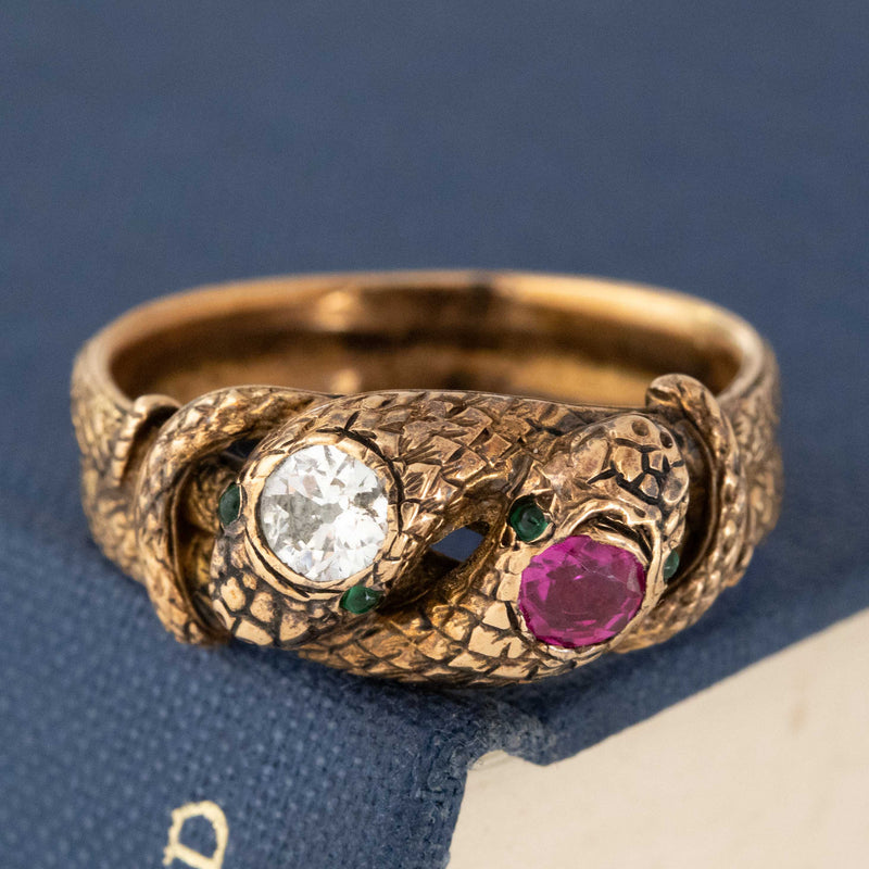 .55ctw Victorian Revival Diamond & Ruby Double Headed Snake Ring