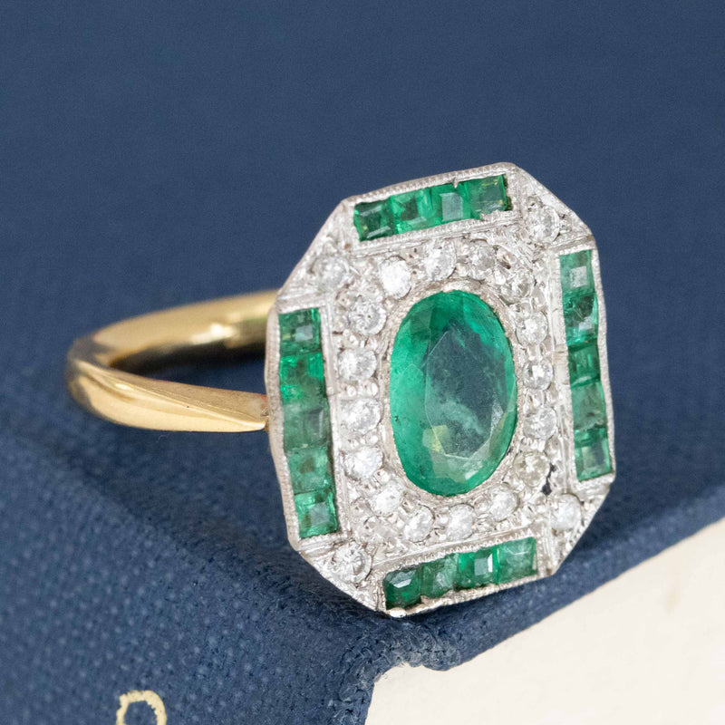 1.40ctw Art Deco Diamond & Emerald Cluster Frame Ring
