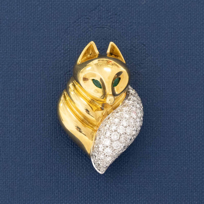 1.53ctw Diamond & Emerald Fox Brooch, Italian