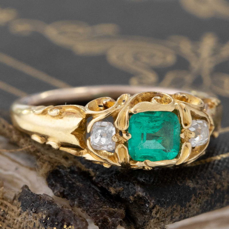 Antique Diamond & Colombia No-Oil Emerald Trilogy Ring, GIA