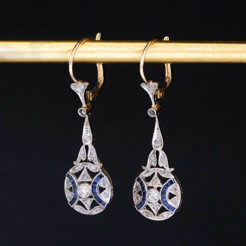 Antique Diamond & Sapphire Cluster Drop Earrings