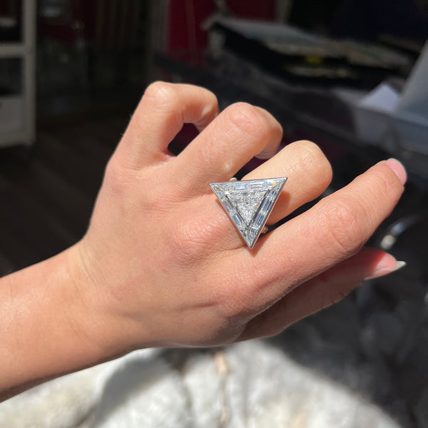 3.50ctw Vintage Triangle Step Cut Diamond Halo Ring, GIA F