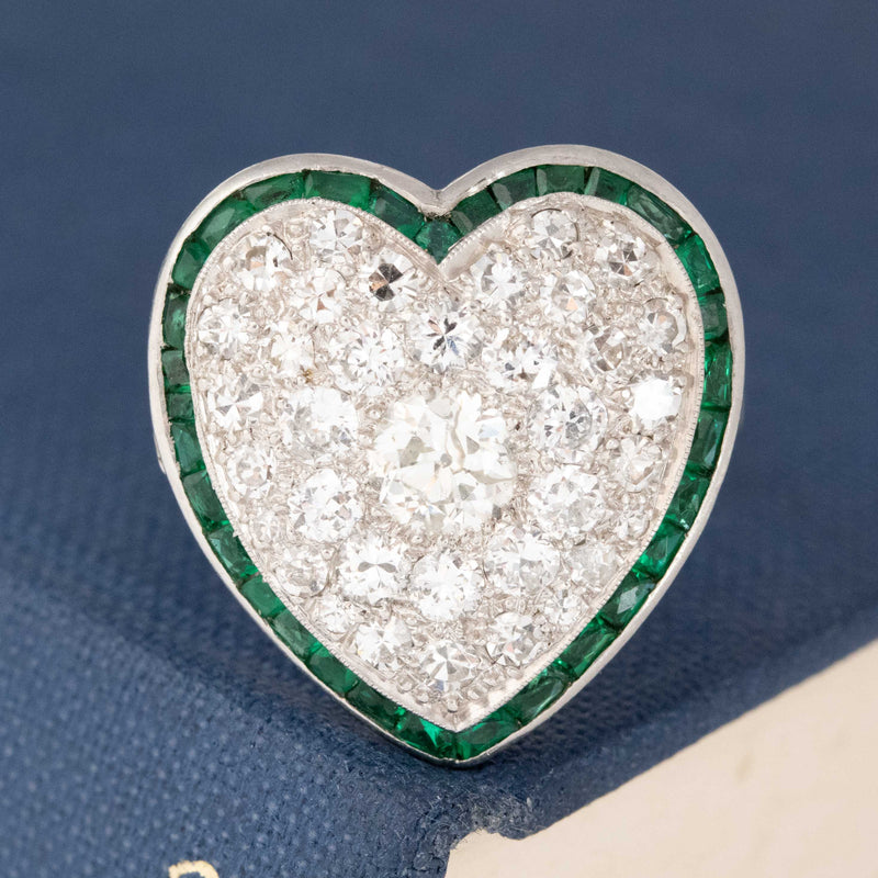 1.89ctw Edwardian Diamond & Emerald Heart Motif Ring