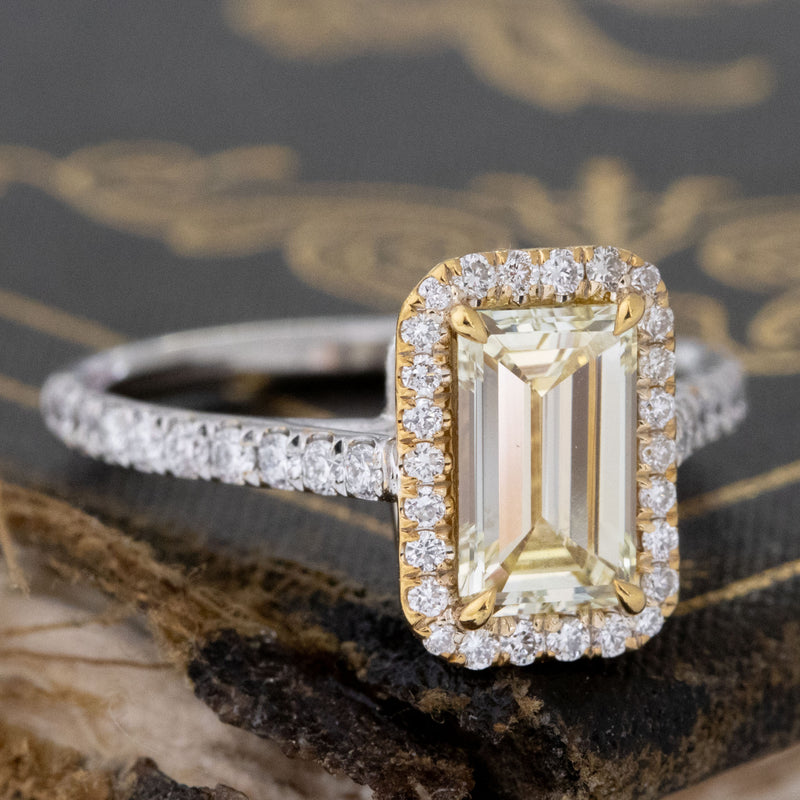 1.47ctw Fancy Yellow Emerald Cut Diamond Halo Ring, GIA