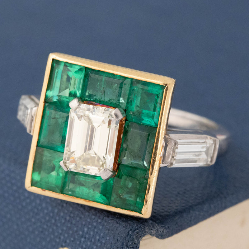 4.38ctw Vintage Emerald Diamond & Emerald Target Ring