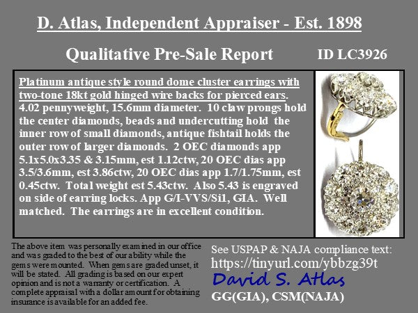 5.43ctw Victorian Revial Old European Cut Diamond Cluster Earrings