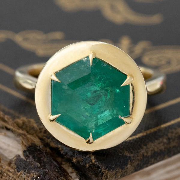 3.94ct Hexagonal Emerald Collet Ring