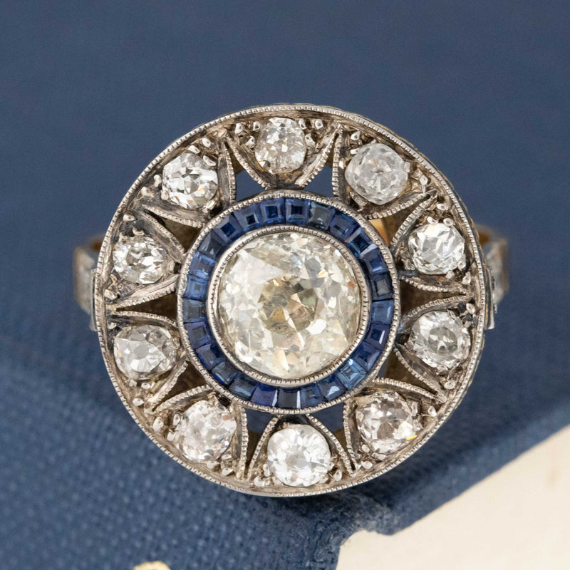 2.34ctw Edwardian Diamond & Sapphire Cluster Ring