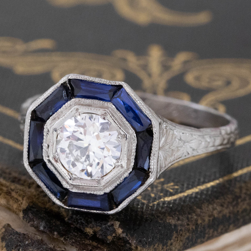 .58ct Old European Cut Diamond & Sapphire Octagonal Target Ring