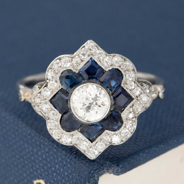1.84ctw Art deco Revival Old European Cut Diamond & Sapphire Ring