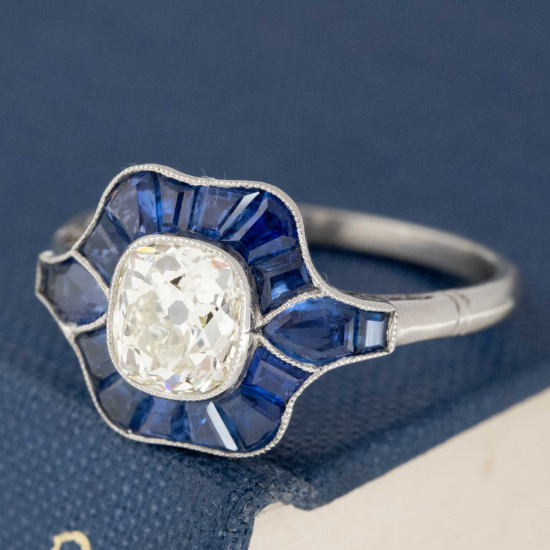 2.39ctw Art Deco Revival Old Mine Cut Diamond & Sapphire Target Ring