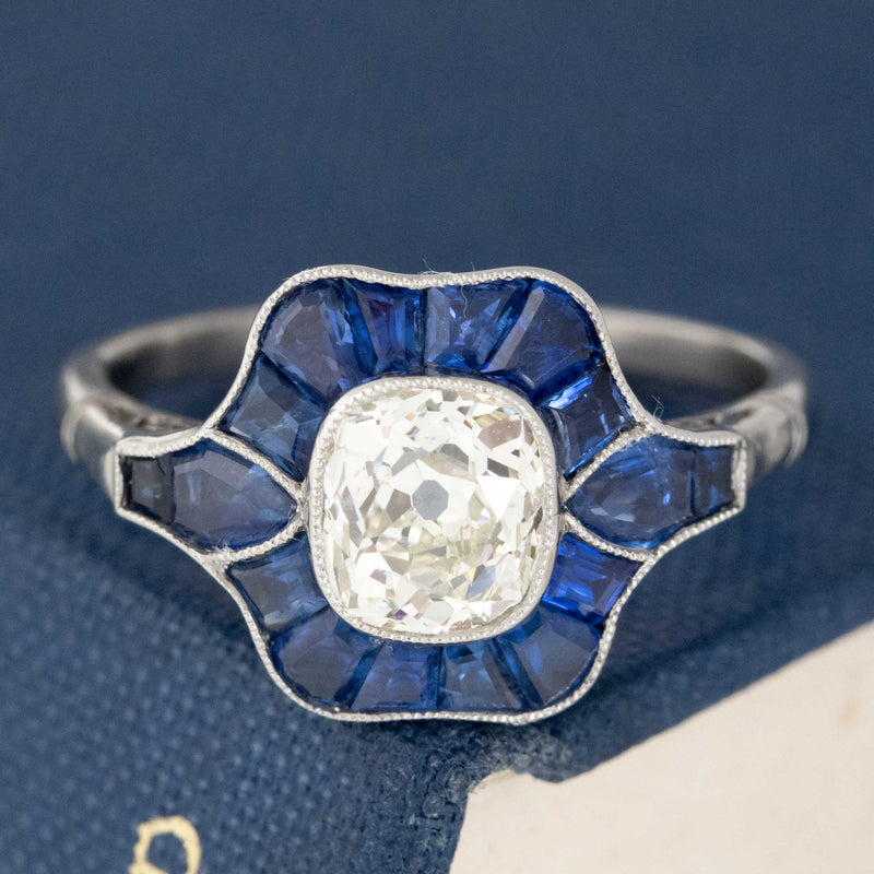 2.39ctw Art Deco Revival Old Mine Cut Diamond & Sapphire Target Ring