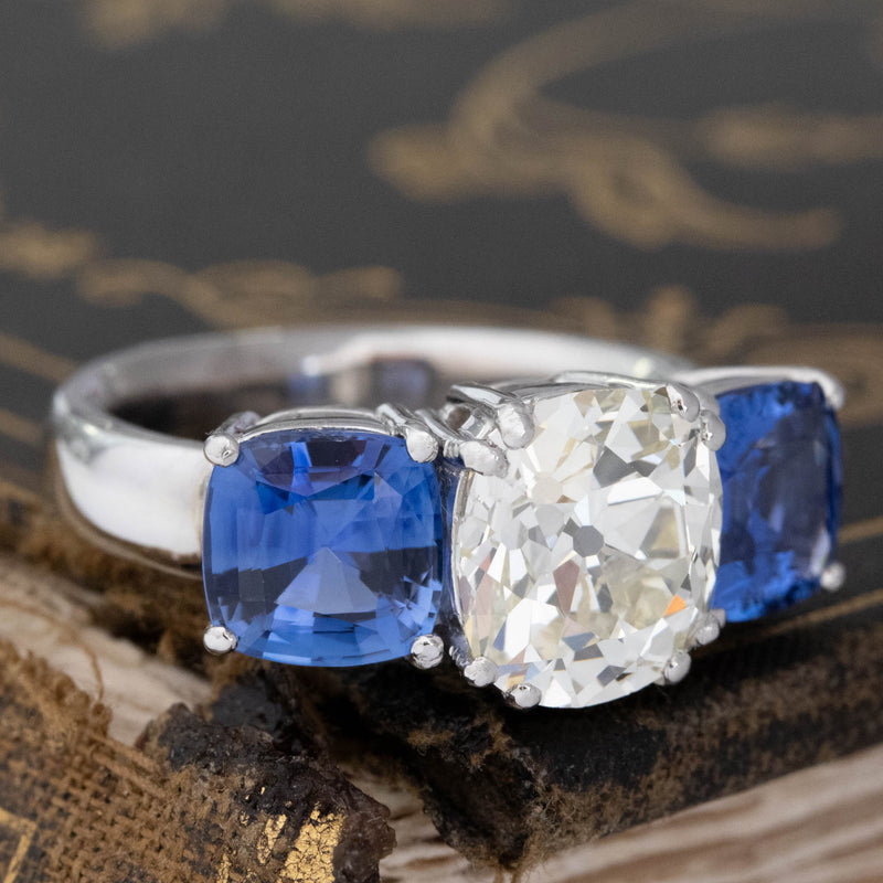 6.59ctw Old Mine Cut Diamond & Ceylon Sapphire Trilogy Ring, GIA
