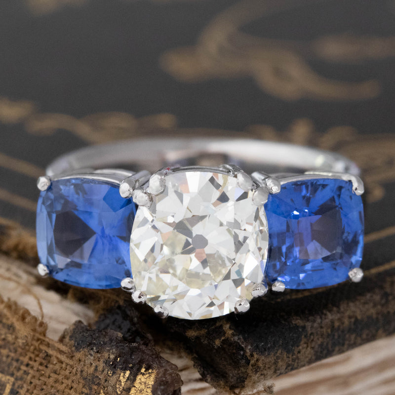 6.59ctw Old Mine Cut Diamond & Ceylon Sapphire Trilogy Ring, GIA