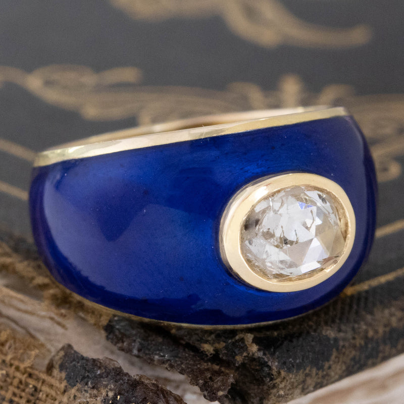 1.00ct Vintage Oval Rose Cut Diamond Enamel Ring