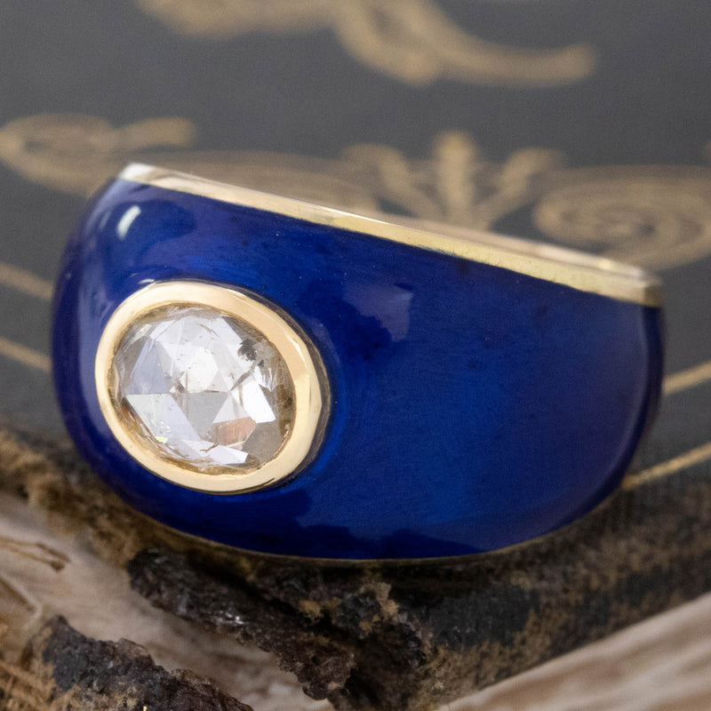 1.00ct Vintage Oval Rose Cut Diamond Enamel Ring