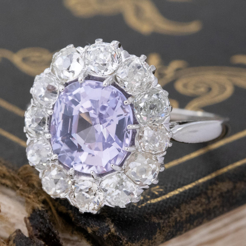 7.62ctw Antique Lilac Sapphire & Old Mine Cut Diamond Cluster Ring