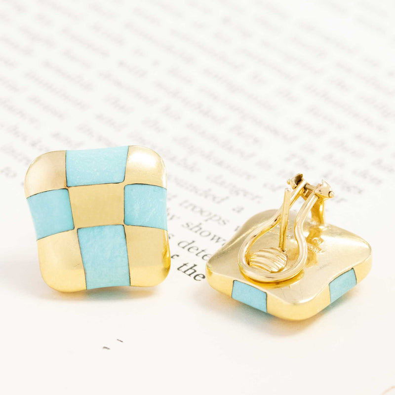 Turquoise & Gold Checkerboard Earrings, by Angela Cummings