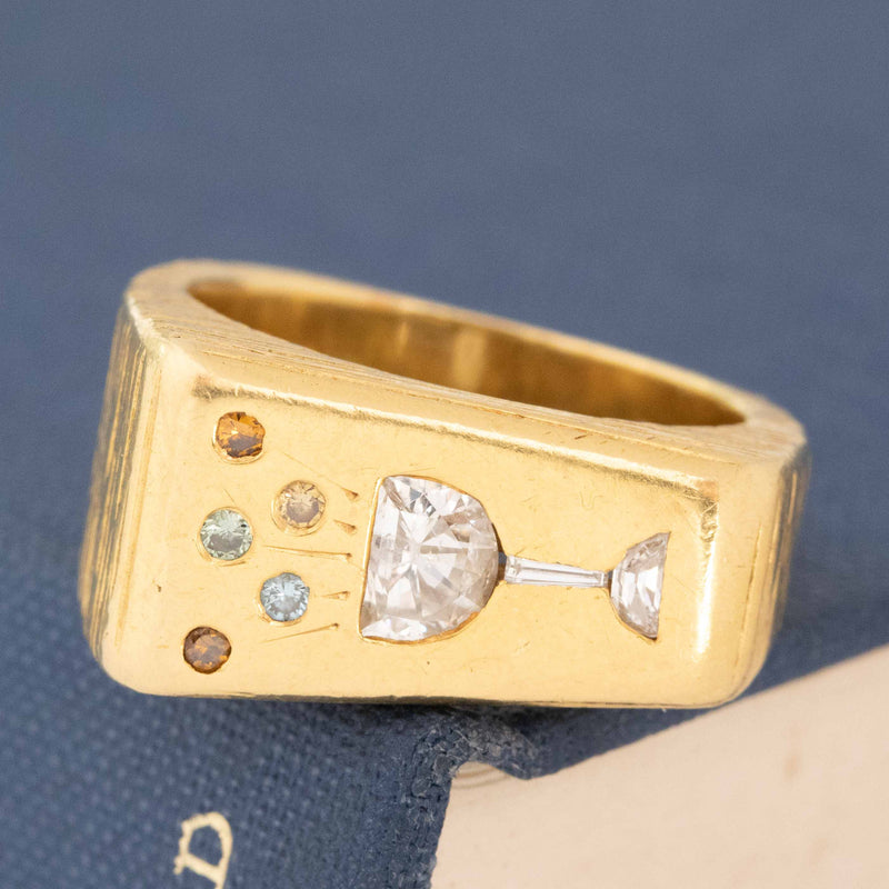 Vintage Champagne Motif Diamond Signet Ring