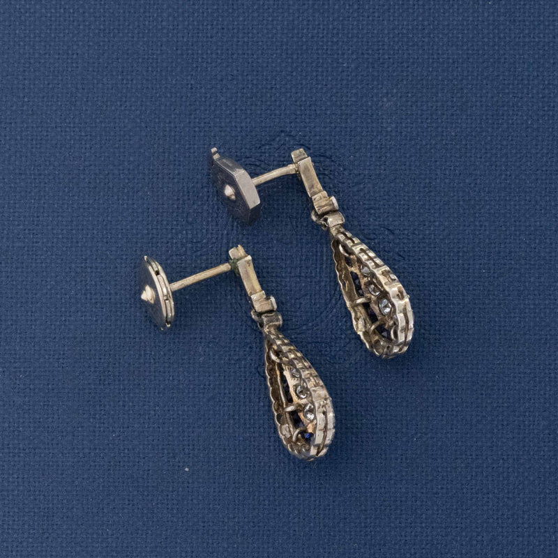 1.30ctw Vintage Diamond & Sapphire Cluster Pear Drop Earrings