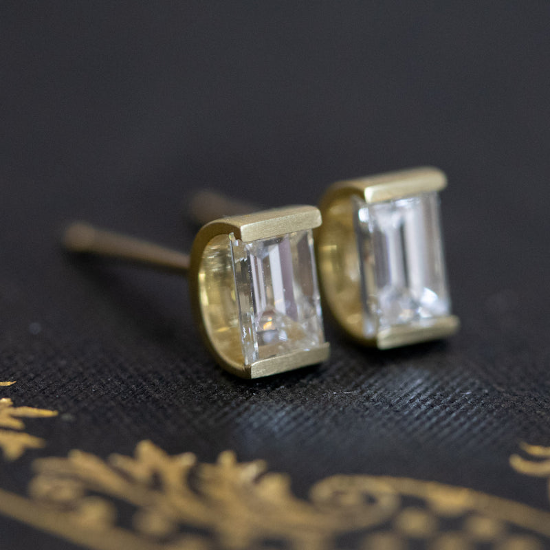 .94ctw Baguette Diamond Half-Moon Bezel Earrings, yellow gold