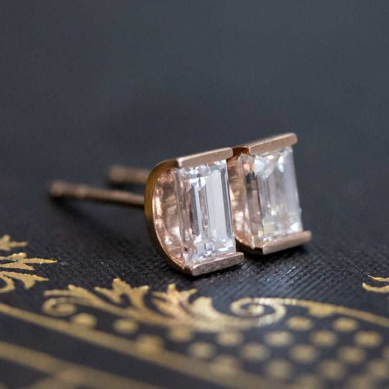 .98ctw Baguette Diamond Half-Moon Bezel Earrings, rose gold