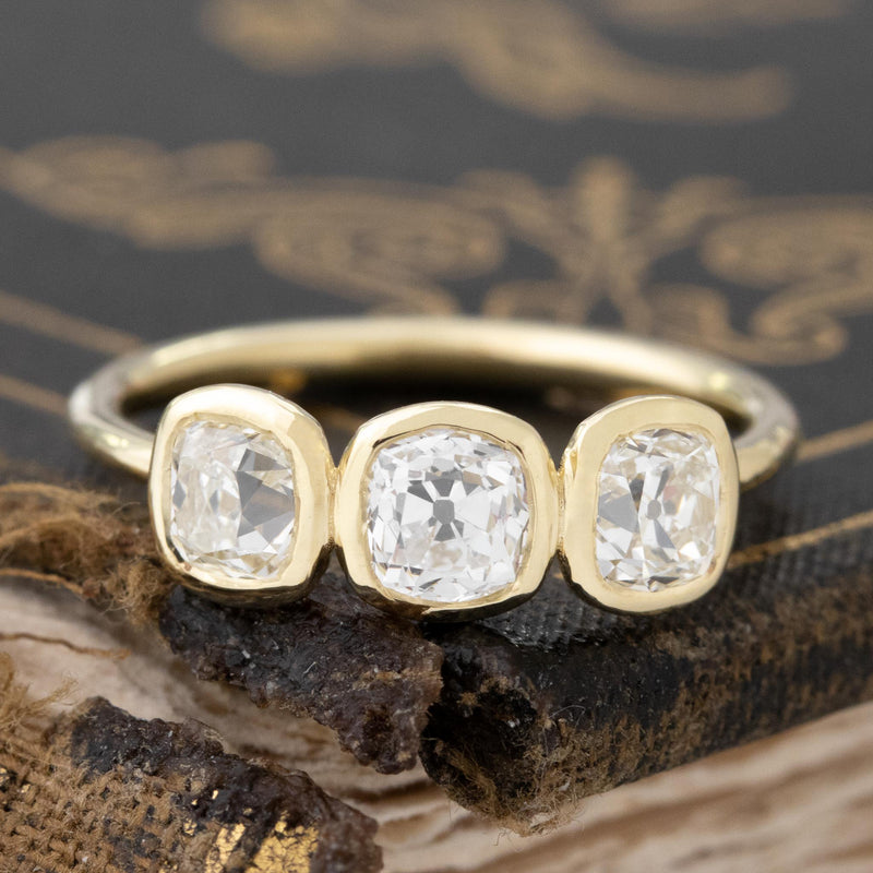 1.09ctw Old Mine Cut Diamond Bezel Trilogy Ring