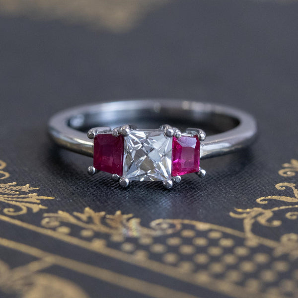 1.18ctw French Cut Diamond and Burmese Ruby Trilogy Ring, GIA F VS1
