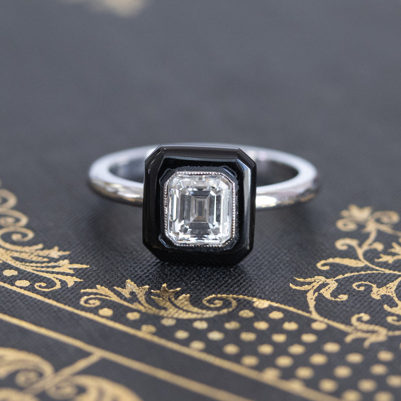 1.19ct Vintage Emerald Cut Diamond Onyx Ring, GIA E VS2