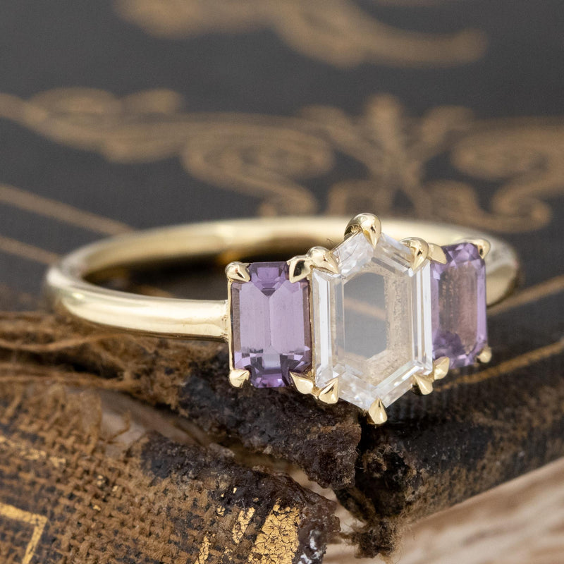 1.33ctw Portrait Cut Diamond & Purple Sapphire Trilogy Ring